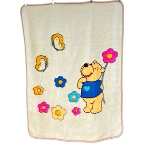 VTG Minky Kawaii Bear Butterflies Flowers Plush Blanket Colorful Soft 41x57 GUC